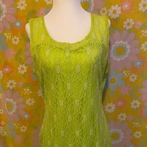 Chartreuse Green Vintage 60s 70s Embroidered Lacy Vintage Dress